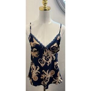 Y2K Navy Satin Baby Doll Tank Top Lace Trim Dragon Celestial Size Medium